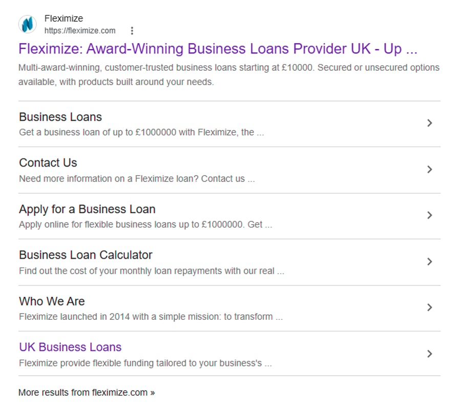 Sitelinks under a Fleximize ad on Google SERP